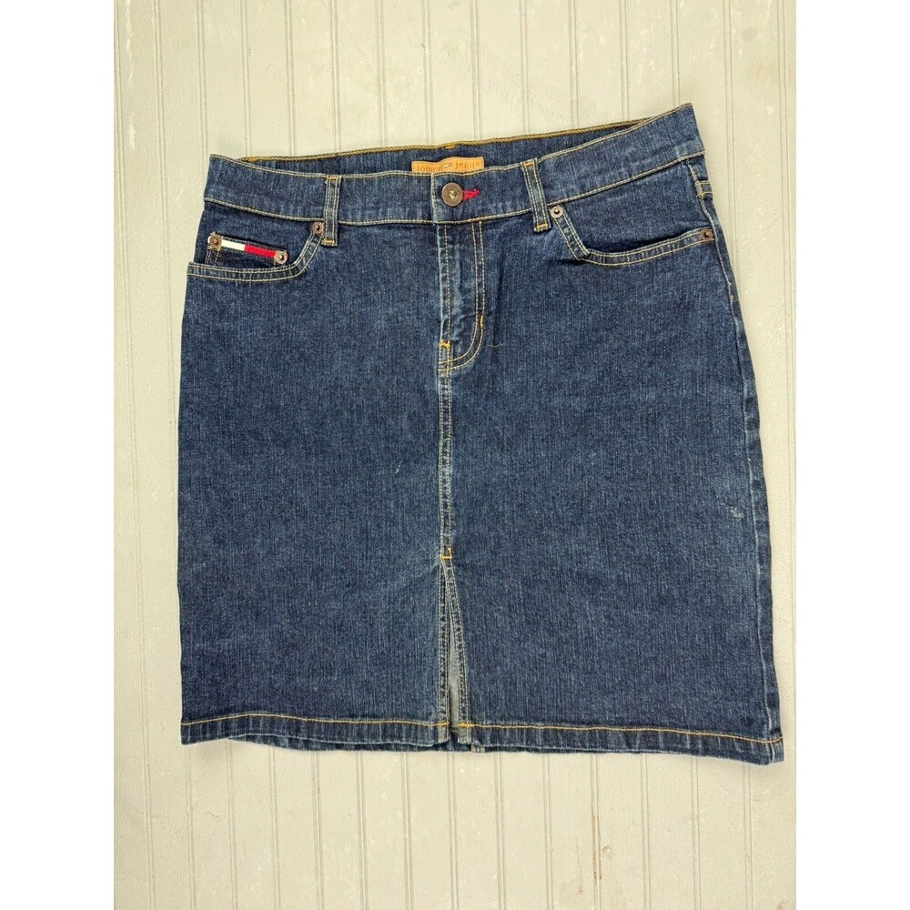 Tommy Jeans Size 9 Womens Skirt Jean Front Vent Above Knee Stretch Dark Wash